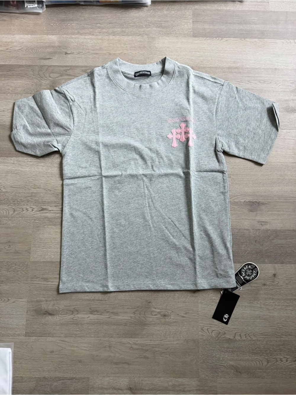 Chrome Hearts Light Gray Short Sleeve Tee with Pink Cross Logo